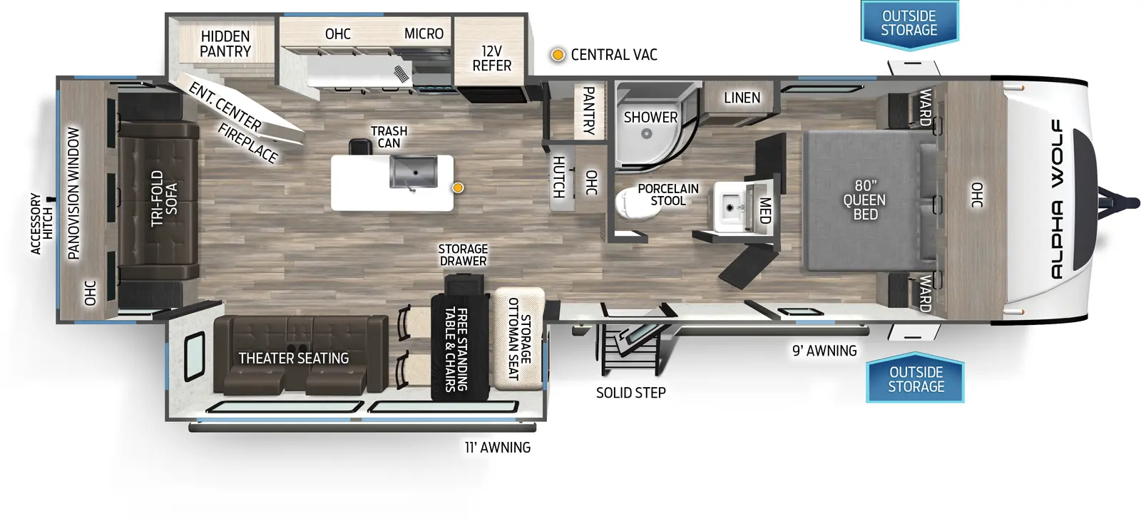 The 26RL has two slideouts and one entry. Exterior features an 11 foot and 9 foot awning, solid step entry, outside storage, and rear accessory hitch. Interior layout front to back: foot-facing queen bed with overhead cabinet and wardrobes on each side; off-door side full bathroom with linen closet, medicine cabinet, and porcelain stool; entry door; hutch with overhead cabinet and pantry along inner wall; kitchen island with sink, trash can, and central vacuum; off-door side slideout with 12 volt refrigerator, kitchen counter with cooktop, overhead cabinet with microwave, and an entertainment center with fireplace below and hidden pantry behind; door side slideout with free-standing table with storage drawer and chairs with storage ottoman, and theater seating; rear tri-fold sofa with overhead cabinet and panovision window.